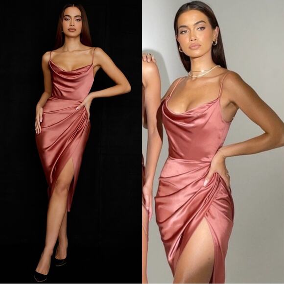 House of CB Reva Satin Balcony Corset Draped Neck Midi Dress Size XS Rose Pink - Picture 1 of 6